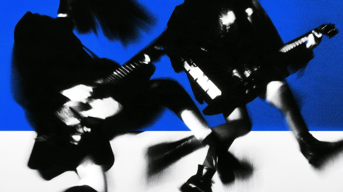Two guitarists in black, blurred, on blue and white